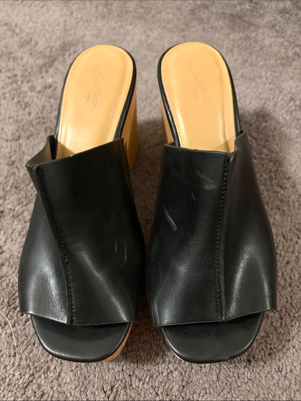 Universal Thread Black Leather Open-Toe Mules with Tan Insole